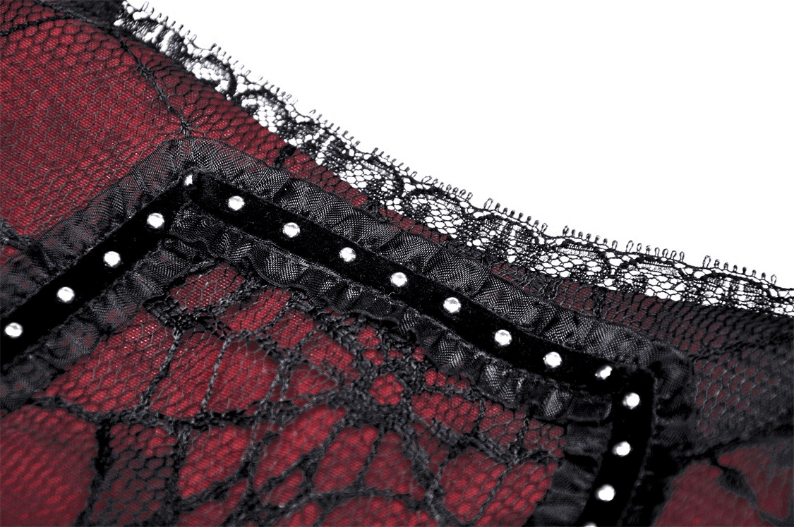 Close-up of elegant black and wine red lace corset with intricate lace design and embellished details.