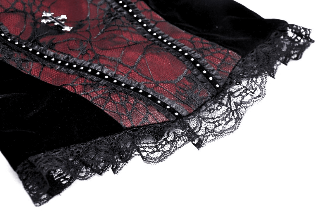 Elegant black and wine red lace corset top with intricate details and lace trim for gothic fashion lovers.