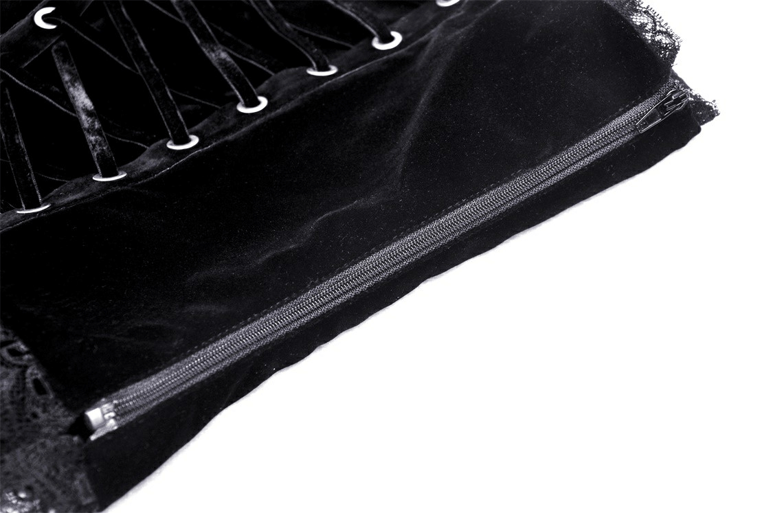 Close-up of the elegant black lace-up corset top showing intricate lace and zipper detail.
