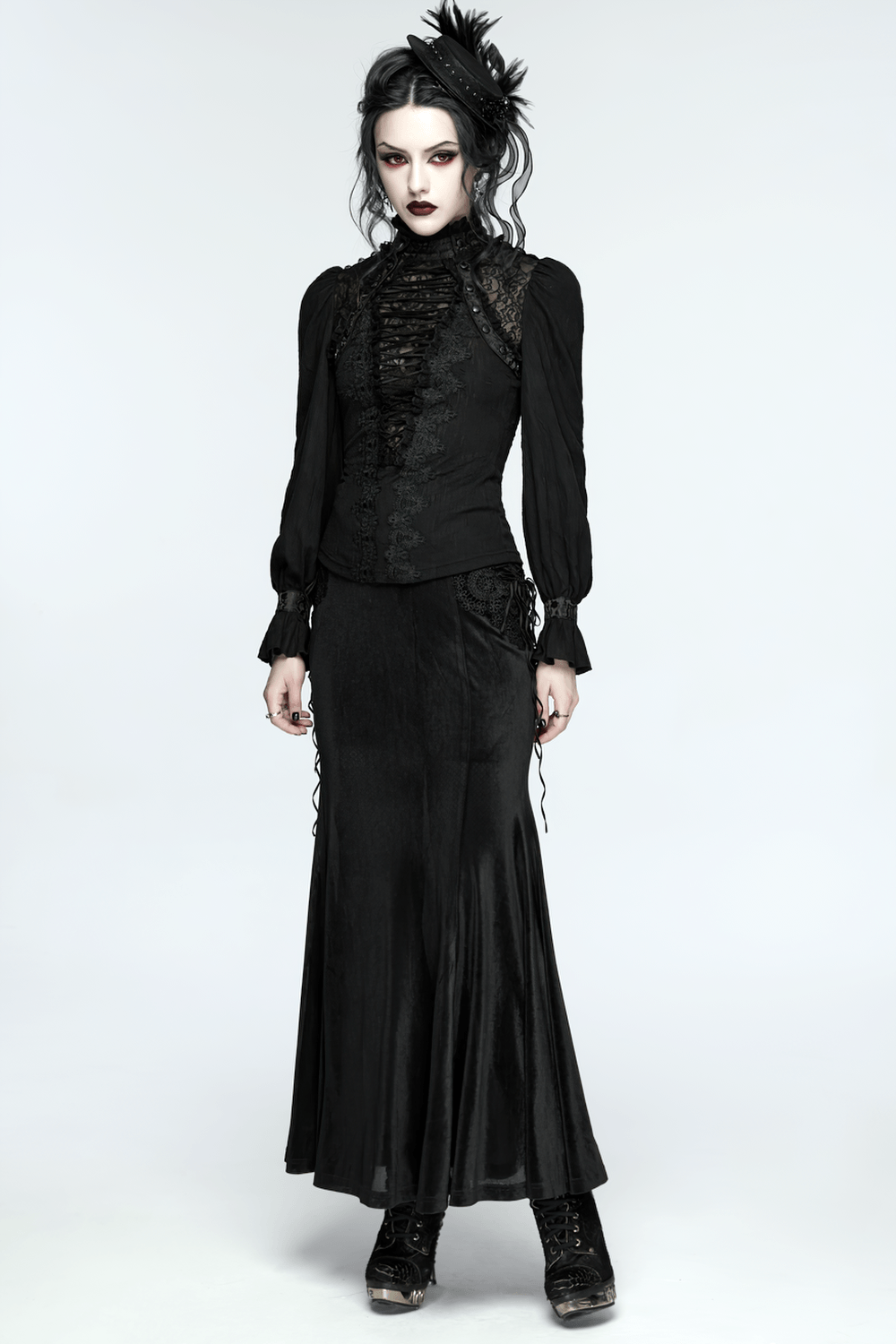 Alt Tag: Elegant Gothic Lace-Up Vampire Blouse With Flared Cuffs in black lace, front view with dramatic cuffs and Victorian goth vibes