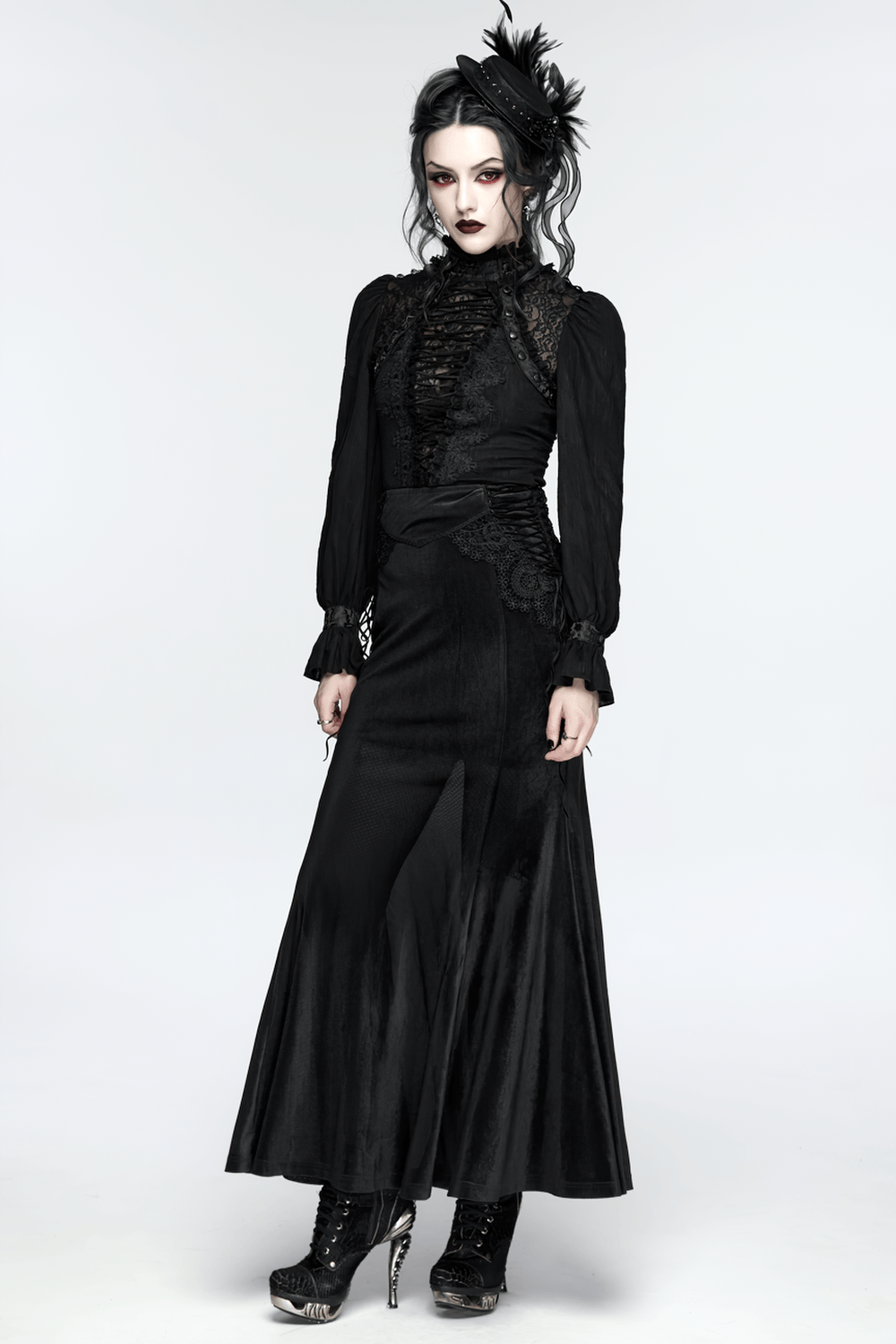 Alt Tag: Elegant Gothic Lace-Up Vampire Blouse With Flared Cuffs styled in black Victorian goth outfit with dramatic cuffs and lace details