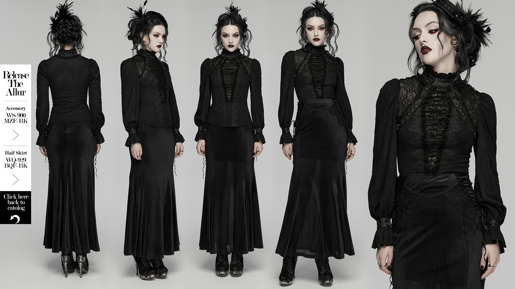 Alt Tag: Model wearing Elegant Gothic Lace-Up Vampire Blouse With Flared Cuffs in black, lace-up front, flared cuffs, gothic vampire style