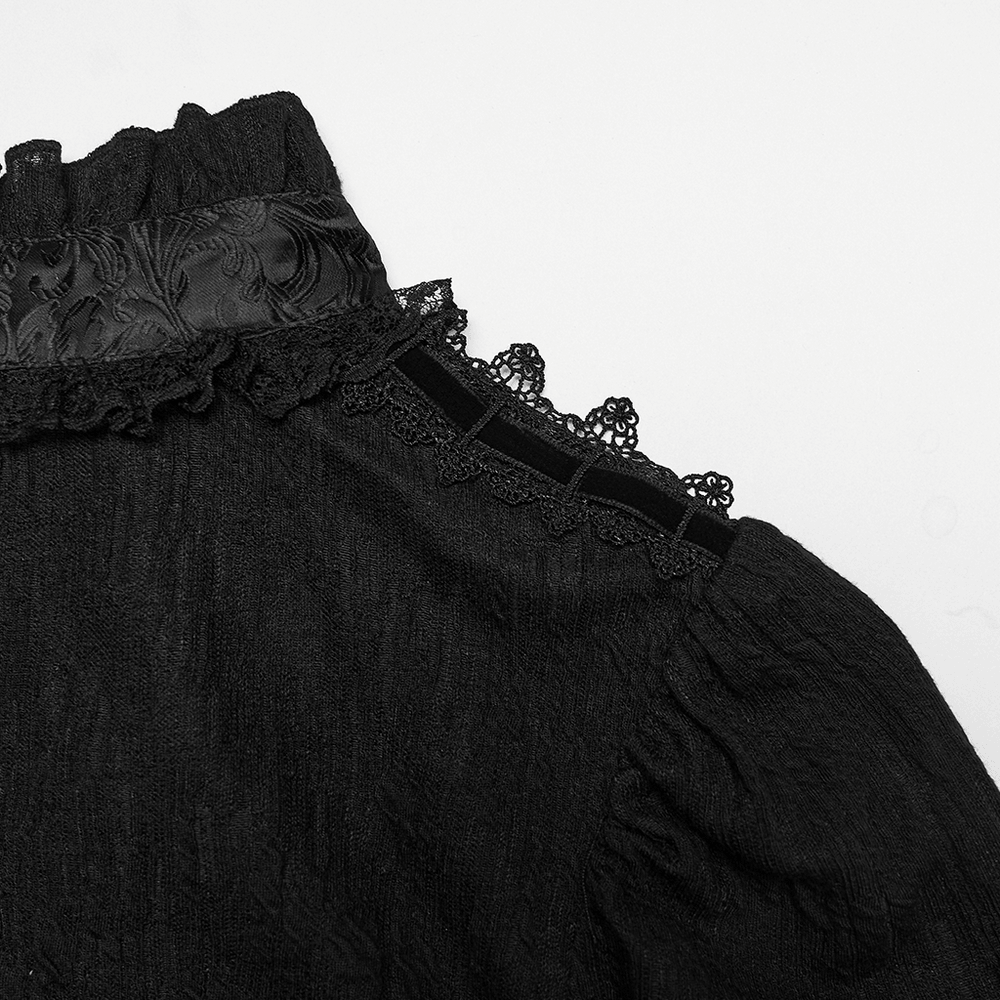 Alt Tag: Elegant Gothic Lace-Up Vampire Blouse With Flared Cuffs black lace-up neckline detail with ruffled collar and lace trim