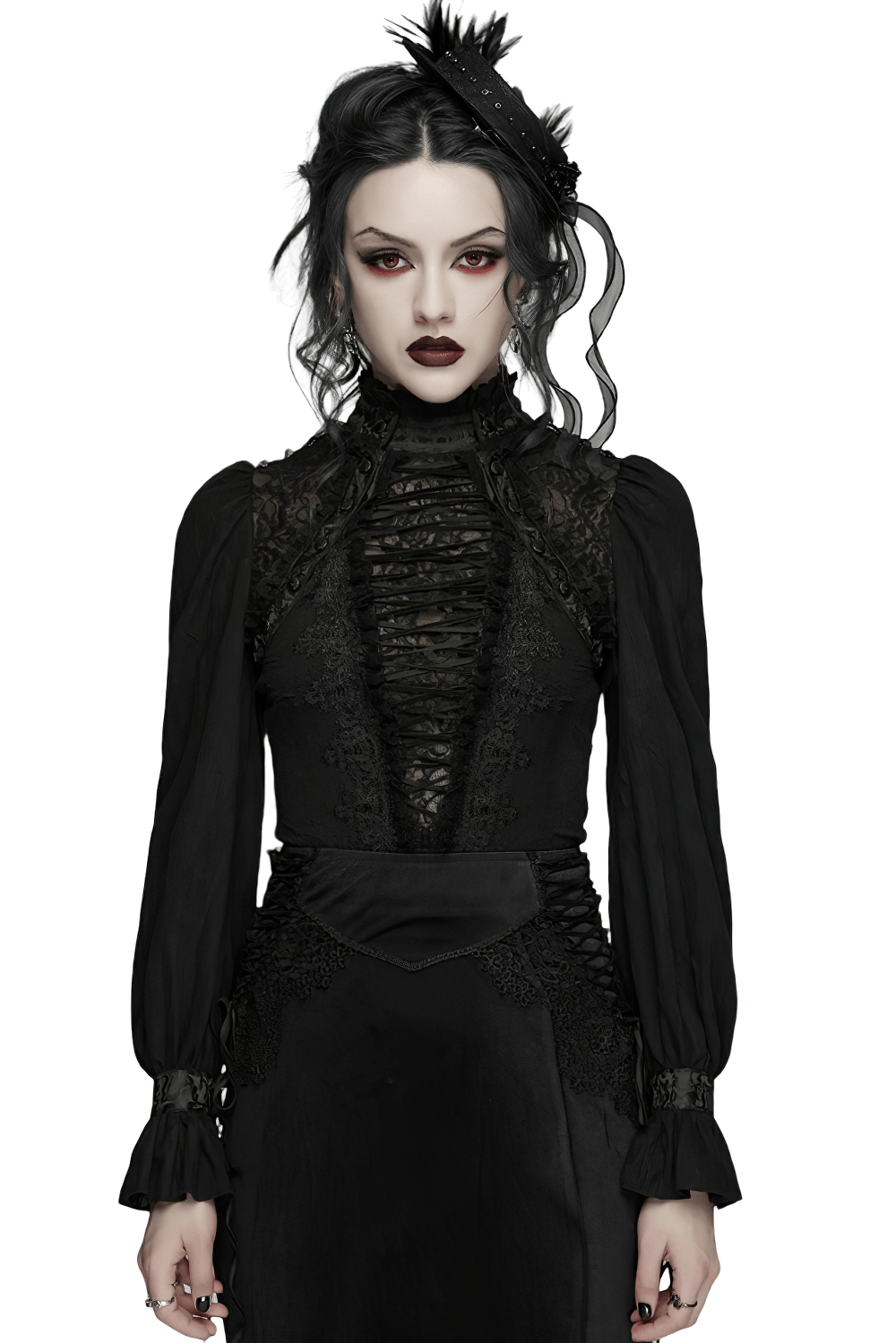 Alt Tag: Elegant Gothic Lace-Up Vampire Blouse With Flared Cuffs on model, black lace-up front, dramatic flared cuffs, dark gothic style
