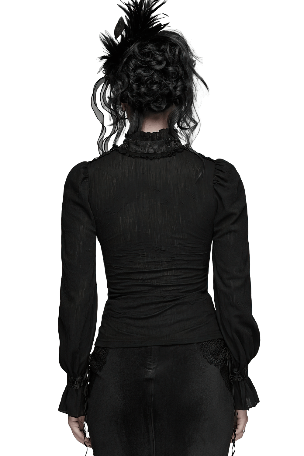 Alt Tag: Elegant Gothic Lace-Up Vampire Blouse With Flared Cuffs back view black lace-up gothic blouse with high ruffled collar and flared cuffs