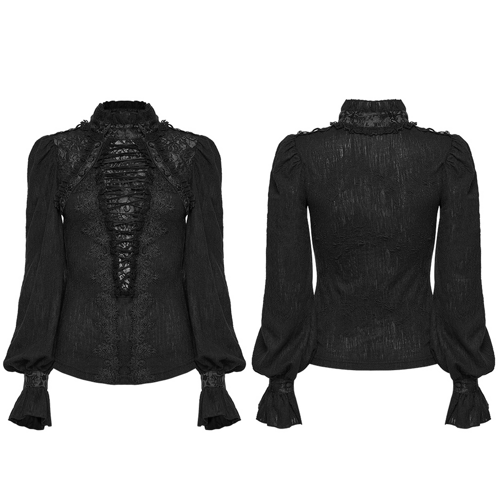 Alt Tag: Elegant Gothic Lace-Up Vampire Blouse With Flared Cuffs black lace-up gothic blouse front and back view with ruffled cuffs