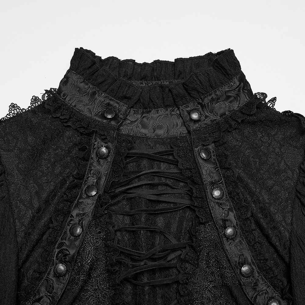 Alt Tag: Elegant Gothic Lace-Up Vampire Blouse With Flared Cuffs black lace-up front with ruffled high collar and ornate button trim