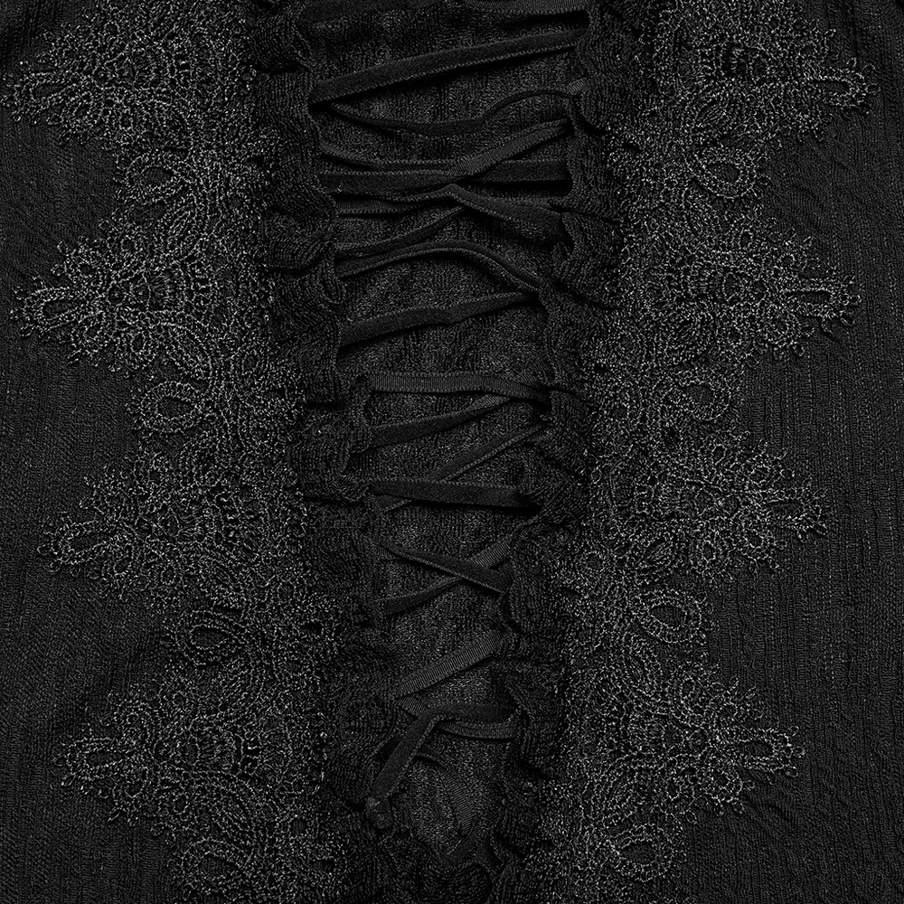 Alt Tag: Elegant Gothic Lace-Up Vampire Blouse With Flared Cuffs close-up of black lace-up corset front with ornate gothic lace trim