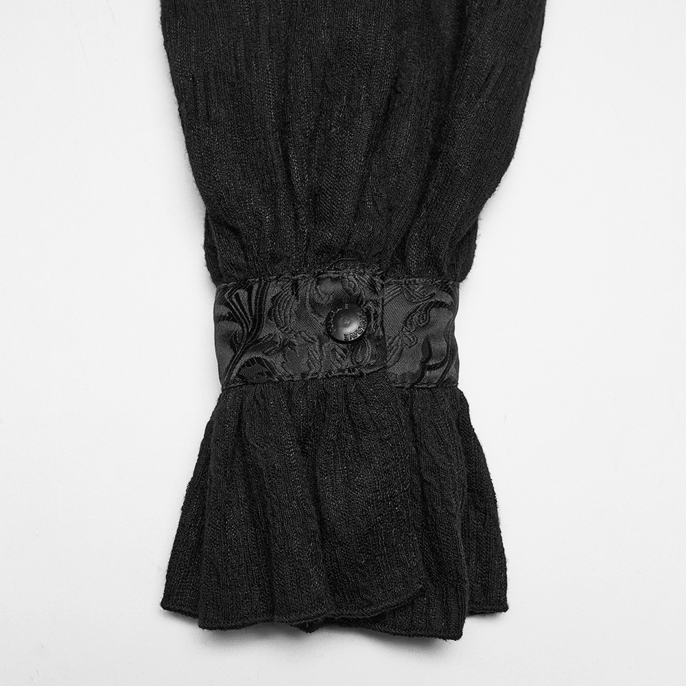 Alt Tag: Elegant Gothic Lace-Up Vampire Blouse With Flared Cuffs black flared cuff detail with buttoned brocade band