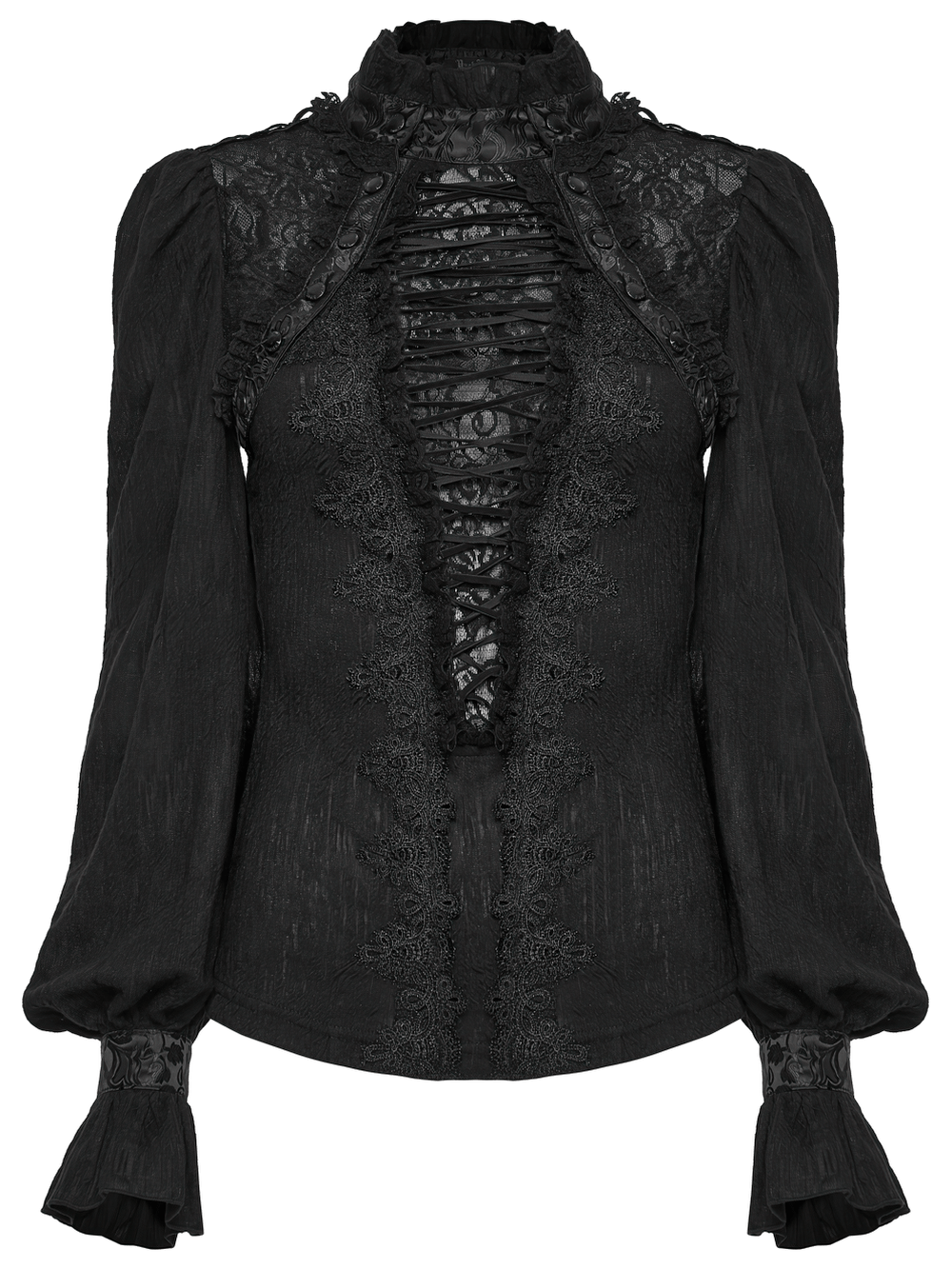Alt Tag: Elegant Gothic Lace-Up Vampire Blouse With Flared Cuffs black lace-up front blouse with high neck and dramatic flared cuffs