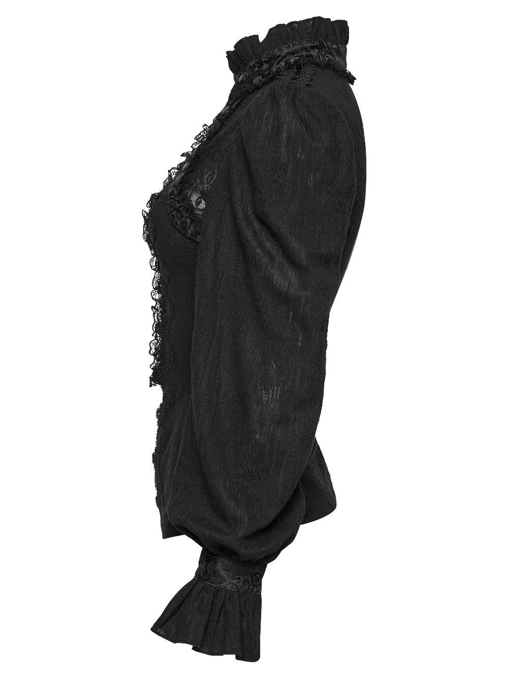 Alt Tag: Elegant Gothic Lace-Up Vampire Blouse With Flared Cuffs black side view, ruffled high collar and lace trim—dark romance vibes