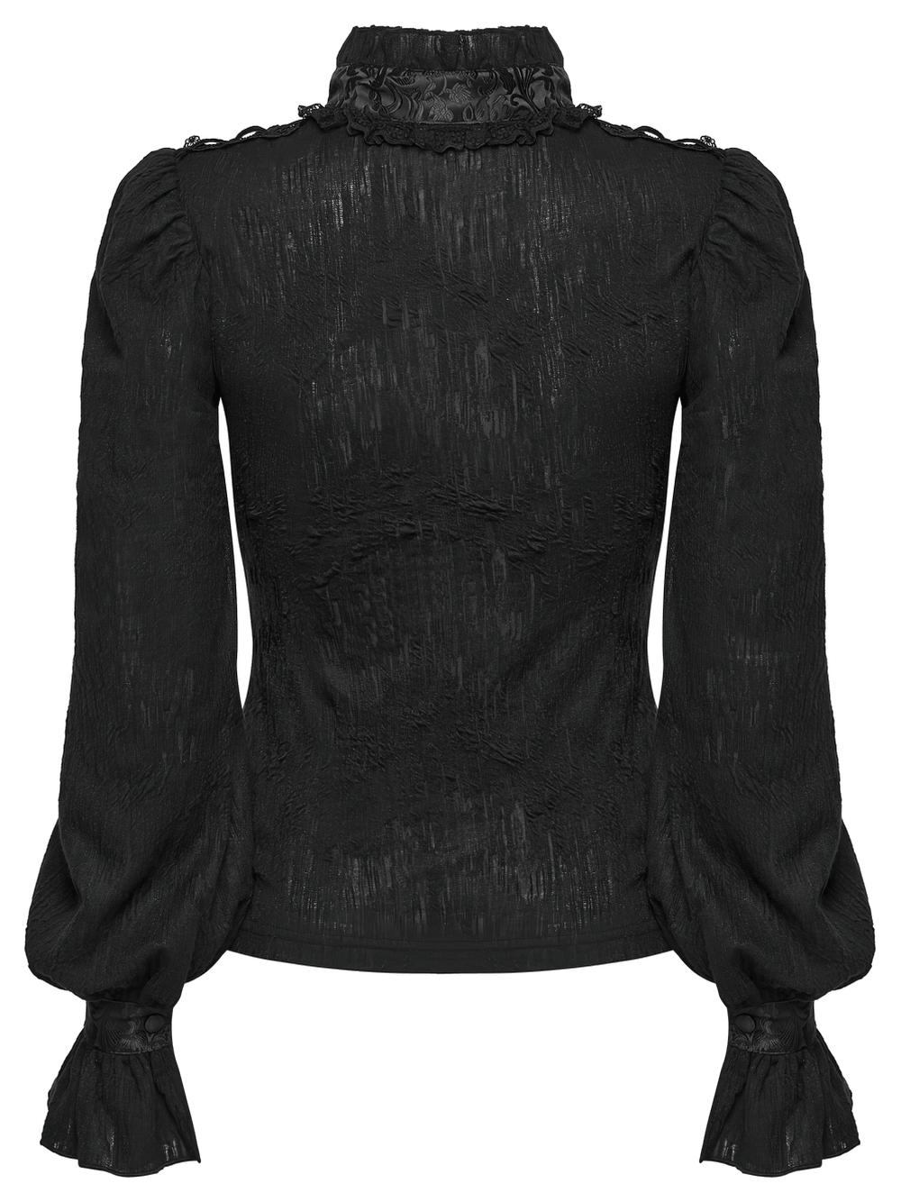 Alt Tag: Elegant Gothic Lace-Up Vampire Blouse With Flared Cuffs back view black high-neck blouse with puff sleeves and ruffled cuffs