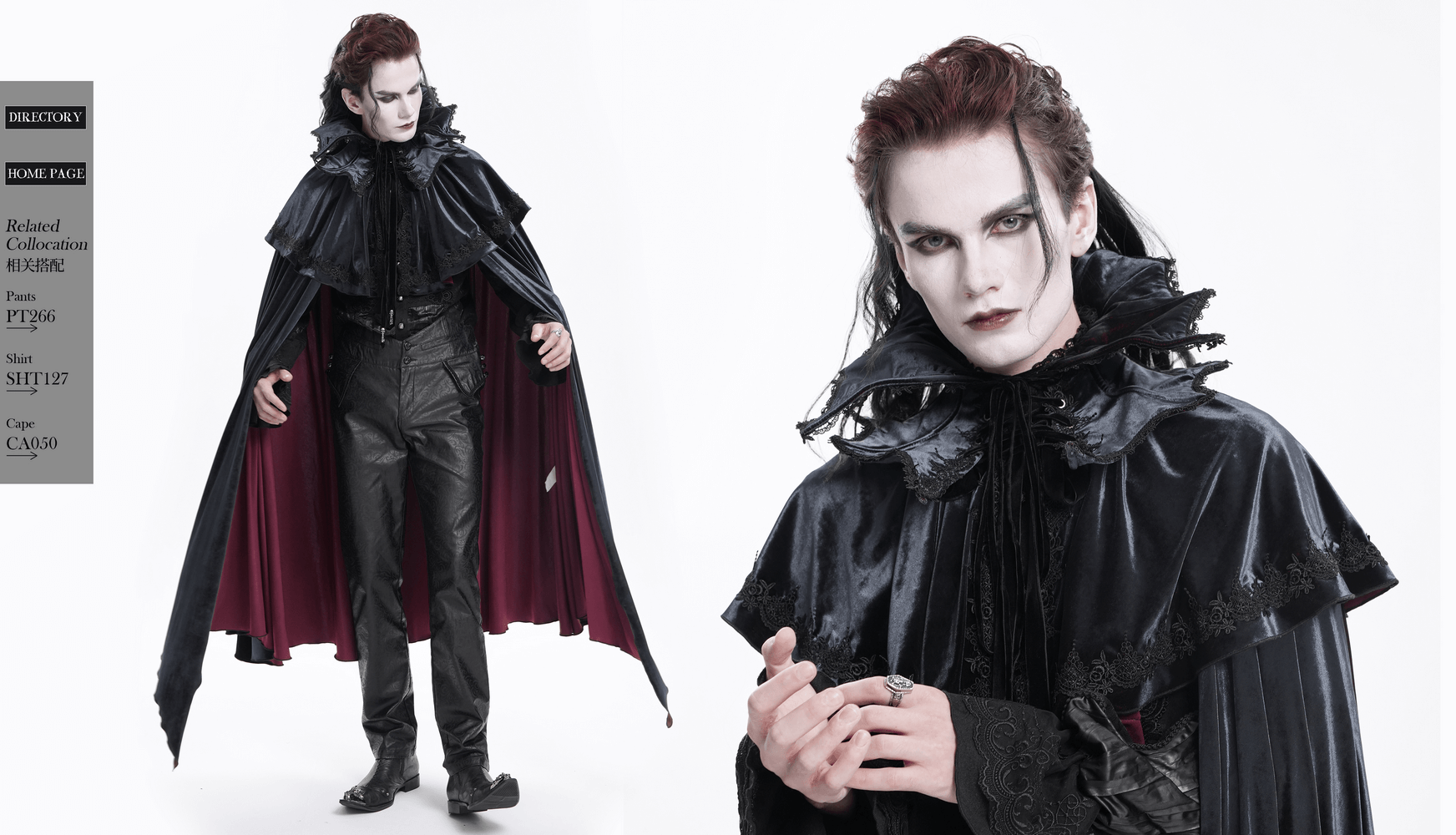 Darkly elegant male model wearing a gothic velvet cape with a dramatic collar, perfect for vampires and themed events.