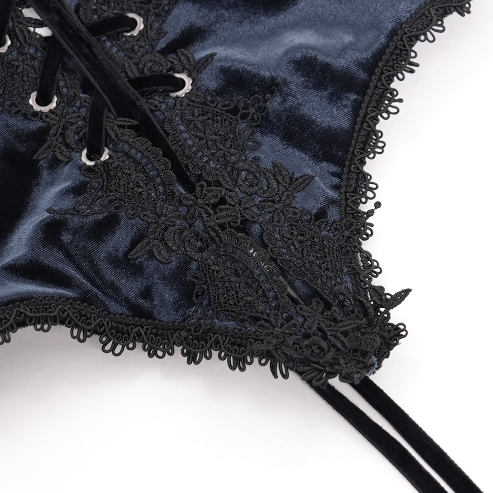 Elegant gothic velvet lace collar with intricate details and adjustable lacing for a dramatic, dark aesthetic.