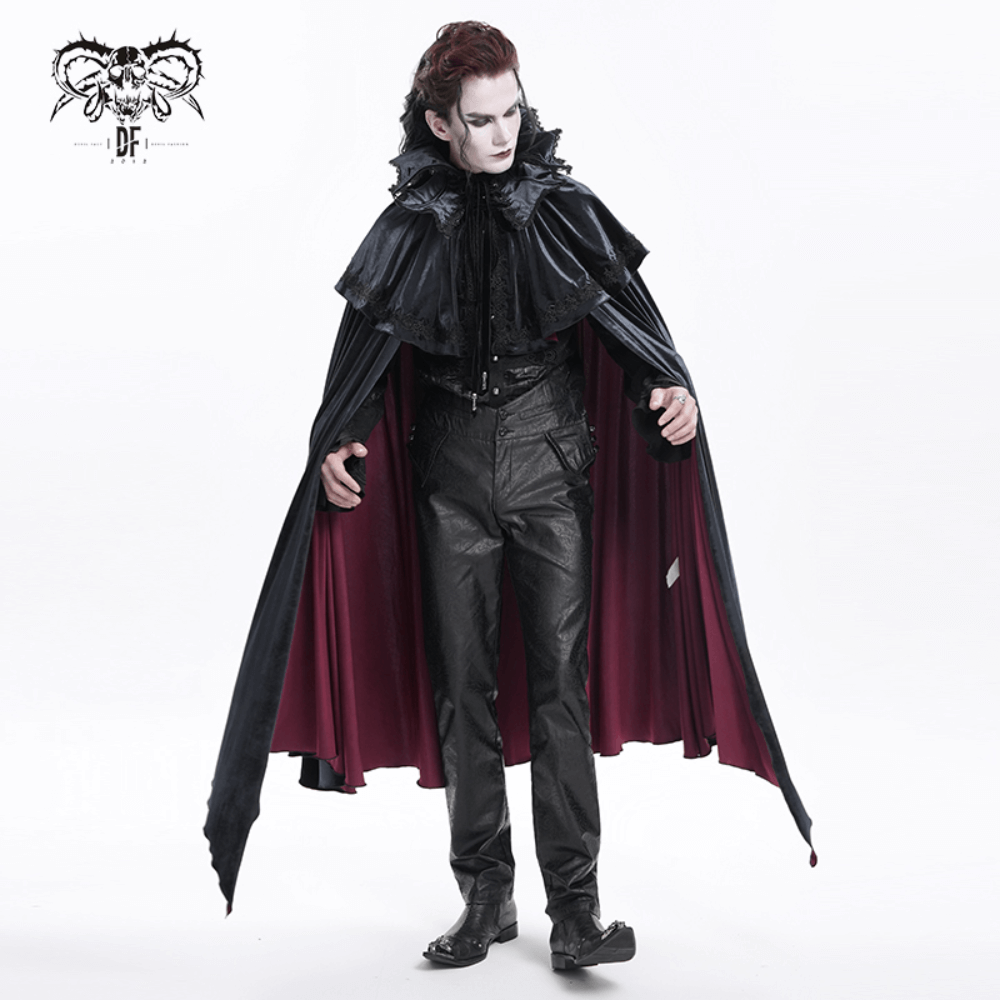 Elegant vampire in a dramatic black and red cloak, showcasing gothic style and dark aesthetics for themed events.