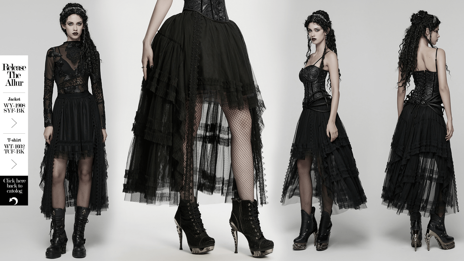 Elegant Gothic Layered Black Mesh and Jacquard Skirt showcased in a stylish black ensemble with gothic accessories.