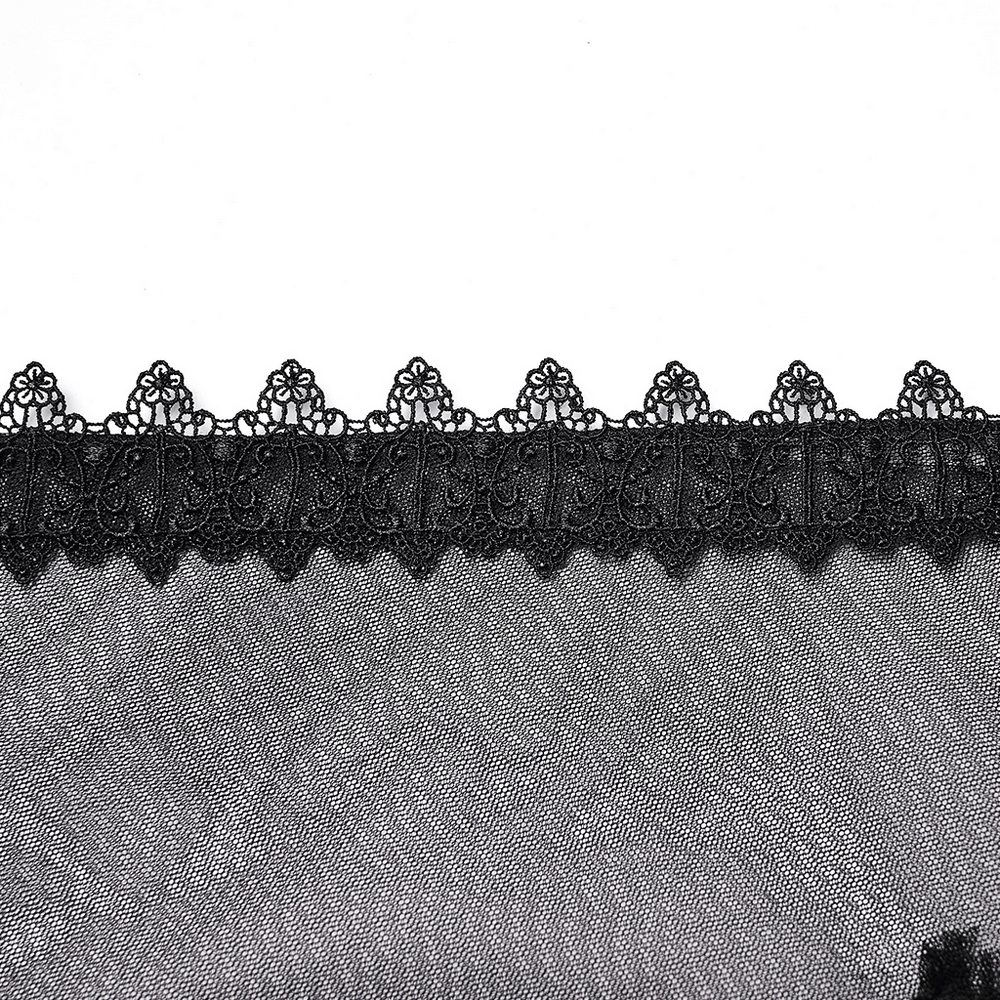 Elegant Gothic Layered Black Mesh and Jacquard Skirt close-up of intricate black lace trim.