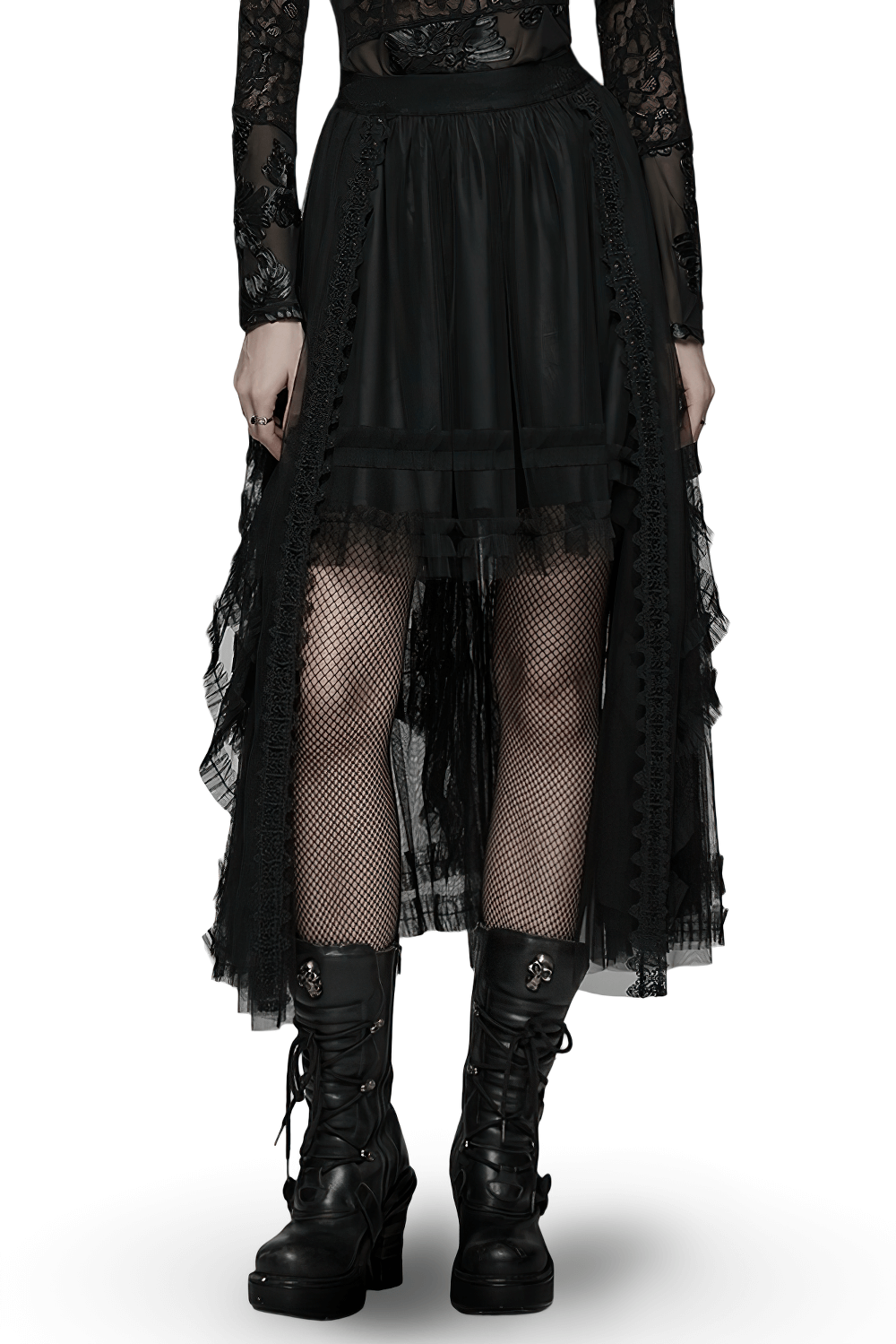 Elegant Gothic Layered Black Mesh and Jacquard Skirt styled with fishnet stockings and combat boots.