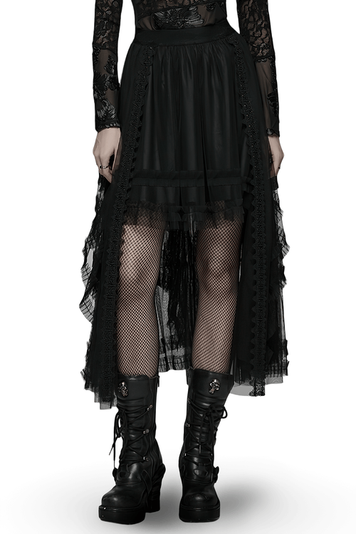 Elegant Gothic Layered Black Mesh and Jacquard Skirt