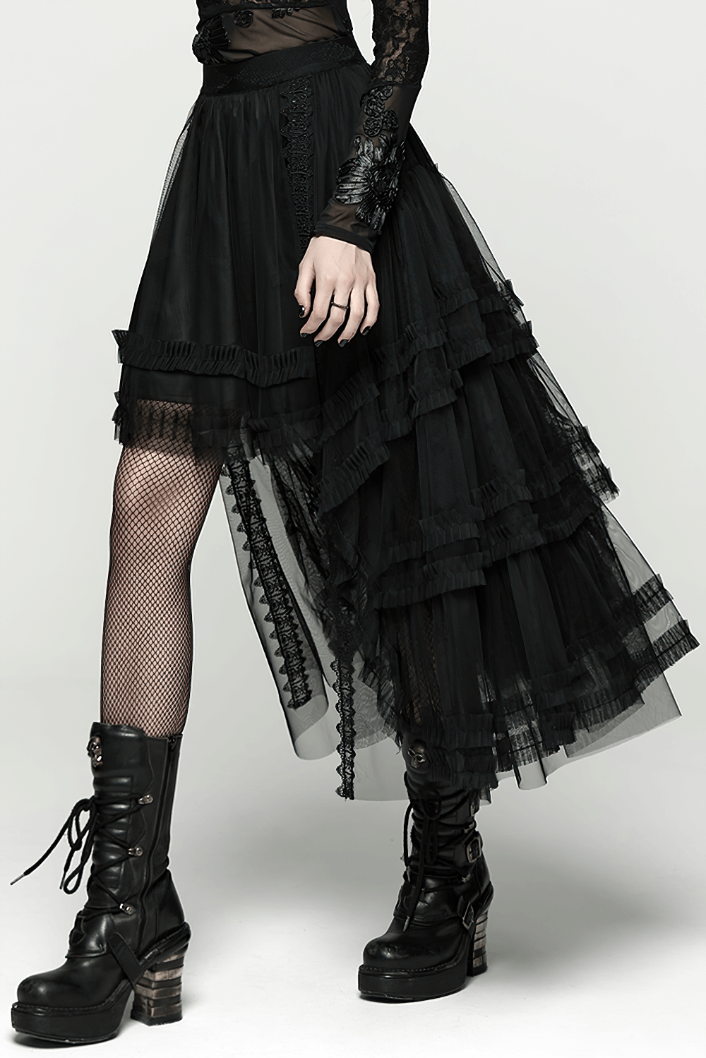 Elegant Gothic Layered Black Mesh and Jacquard Skirt featuring a dramatic layered design and edgy style.