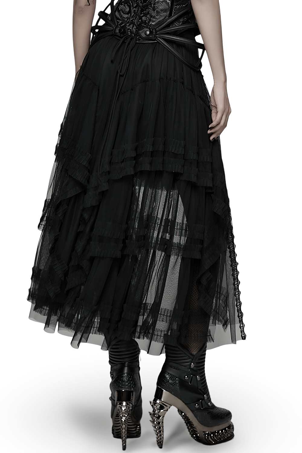 Elegant Gothic Layered Black Mesh and Jacquard Skirt featuring a dramatic layered silhouette and stylish black boots.