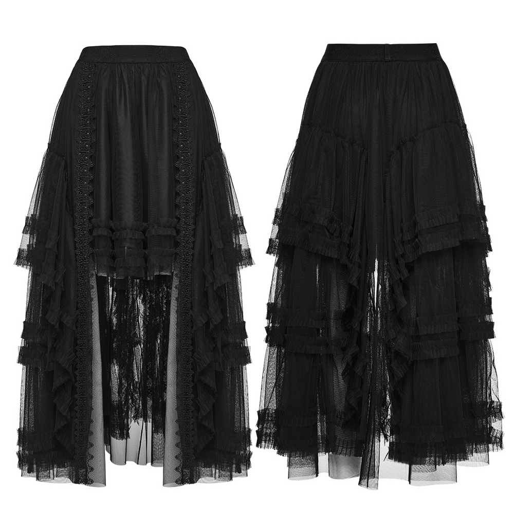 Elegant Gothic Layered Black Mesh and Jacquard Skirt showcasing a stunning layered design with intricate mesh overlays.