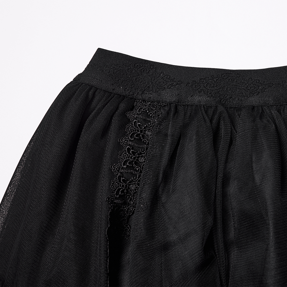 Elegant Gothic Layered Black Mesh and Jacquard Skirt waistband detail with textured lace trim.