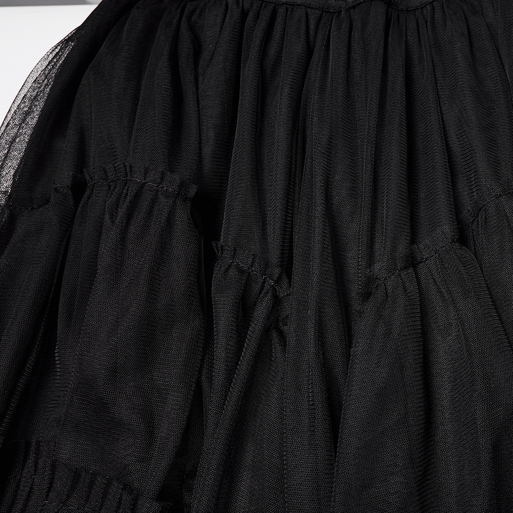 Elegant Gothic Layered Black Mesh and Jacquard Skirt showcasing layered black mesh detail.