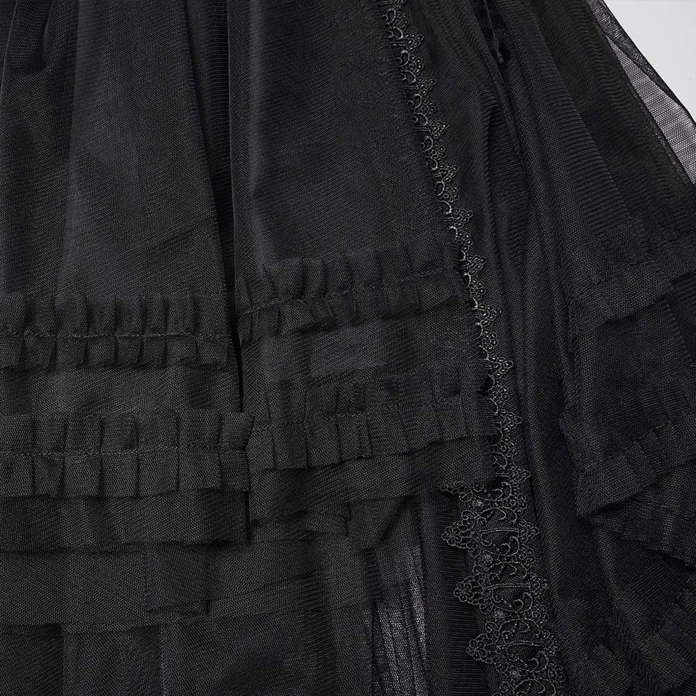 Elegant Gothic Layered Black Mesh and Jacquard Skirt featuring fine sheer layers and intricate lace detailing.