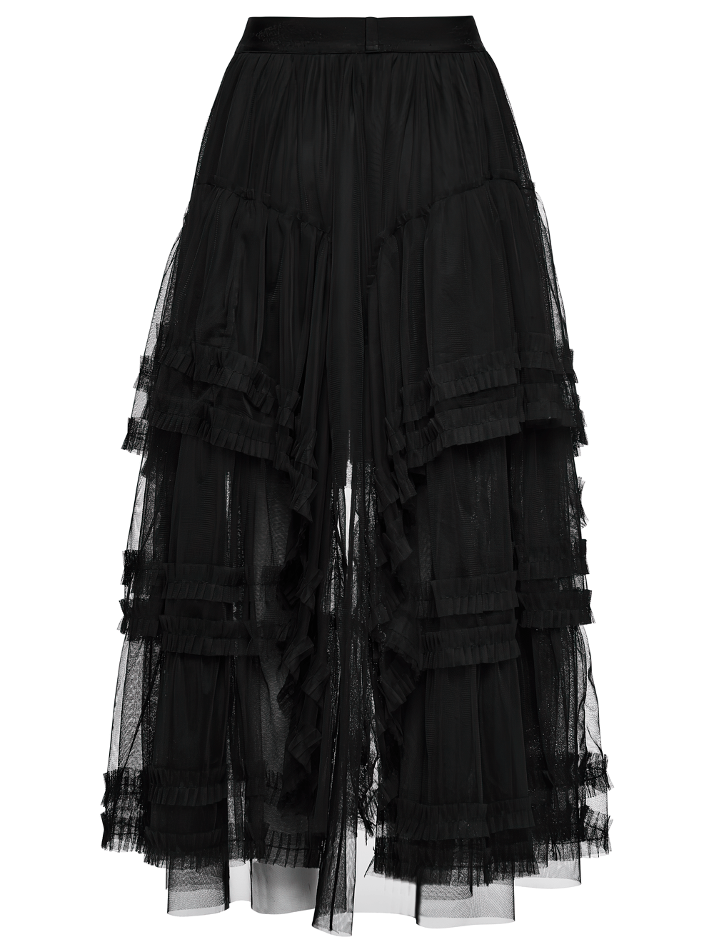 Elegant Gothic Layered Black Mesh and Jacquard Skirt with ruffled layers and sheer detailing.