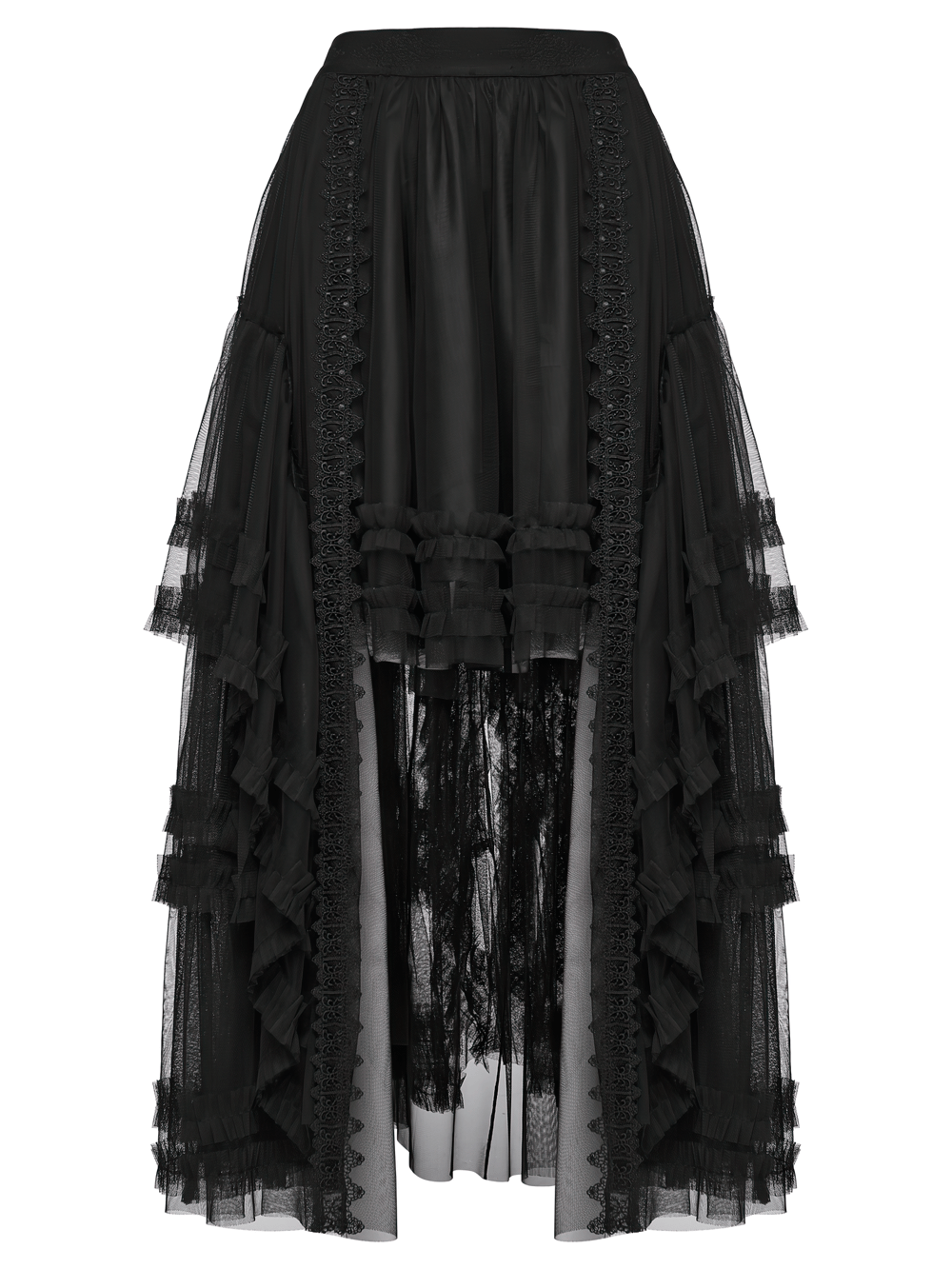 Elegant Gothic Layered Black Mesh and Jacquard Skirt featuring layered mesh and rose jacquard, exuding dark elegance.