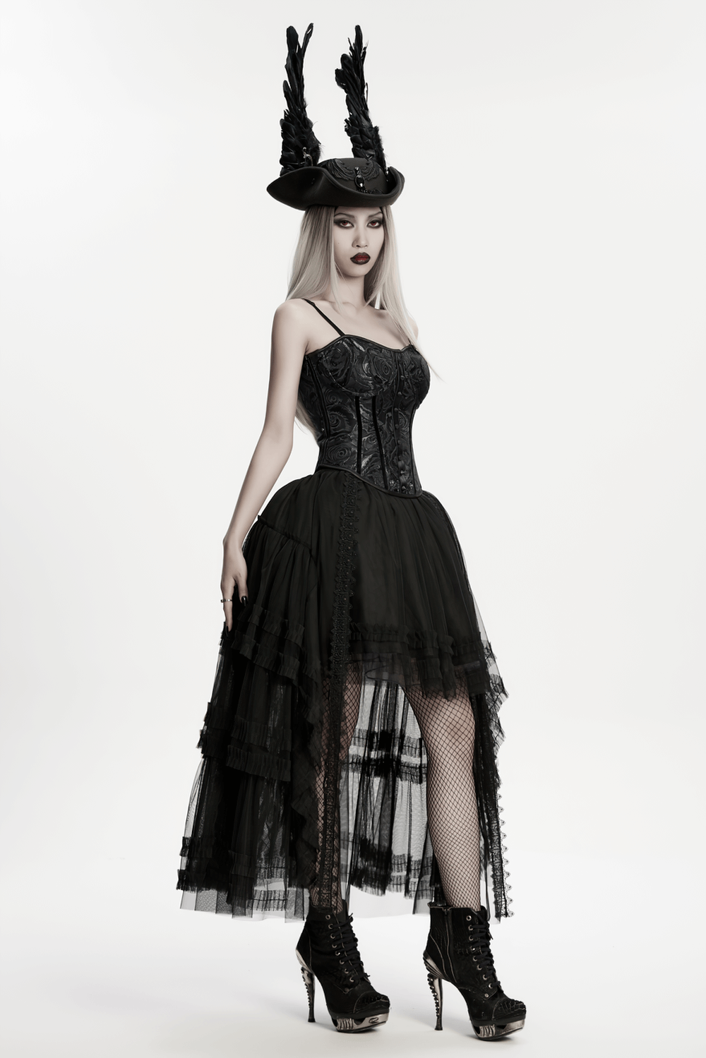 Elegant Gothic Layered Black Mesh and Jacquard Skirt displayed by a model with stylish accessories and a striking pose.
