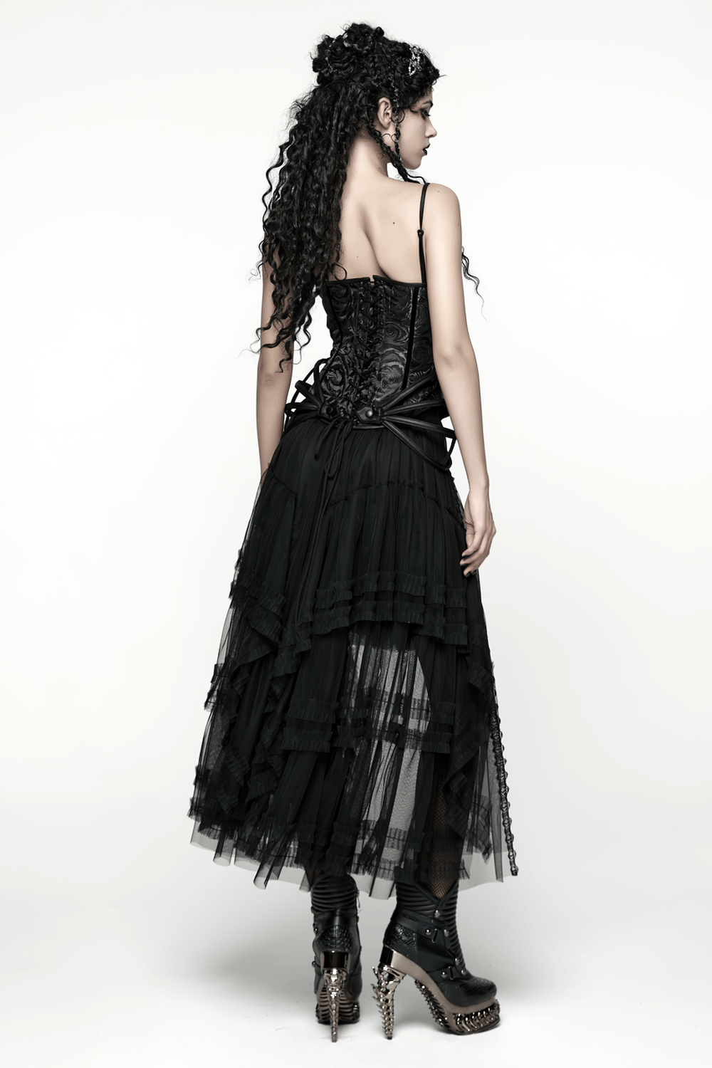 Elegant Gothic Layered Black Mesh and Jacquard Skirt showcased from behind with intricate detailing and layered mesh silhouette.