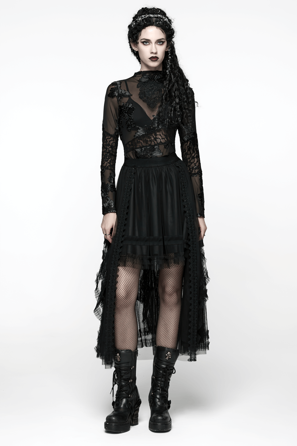 Elegant Gothic Layered Black Mesh and Jacquard Skirt worn by model with dark, dramatic makeup and accessories.