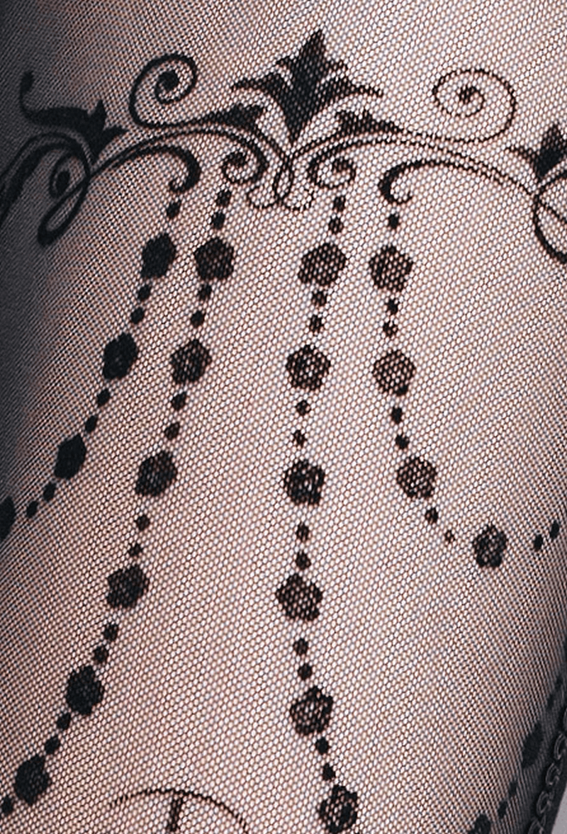 Close-up of elegant black leggings featuring intricate baroque patterns and vintage accents, perfect for gothic fashion.
