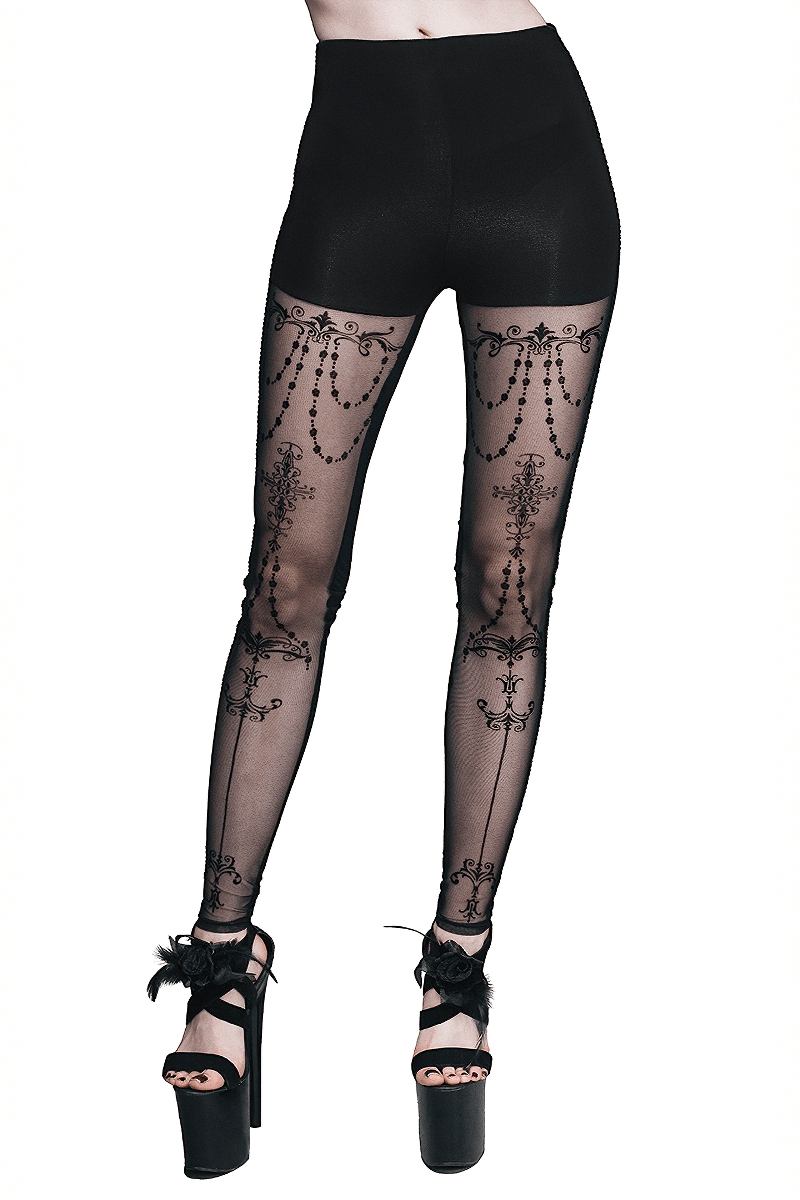 Elegant Gothic Leggings with Baroque Patterns / Sexy Women's Black Elastic Waist Pant - HARD'N'HEAVY