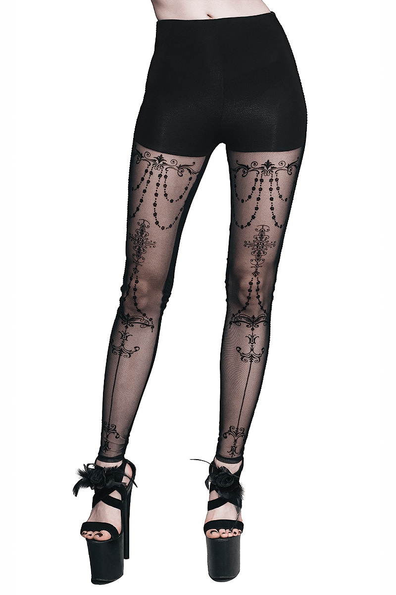 Elegant gothic black leggings with vintage baroque patterns and transparent inserts, perfect for a stylish look.