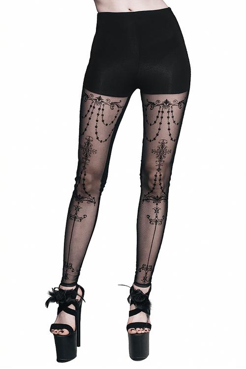 Elegant Gothic Leggings with Baroque Patterns / Sexy Women's Black Elastic Waist Pants
