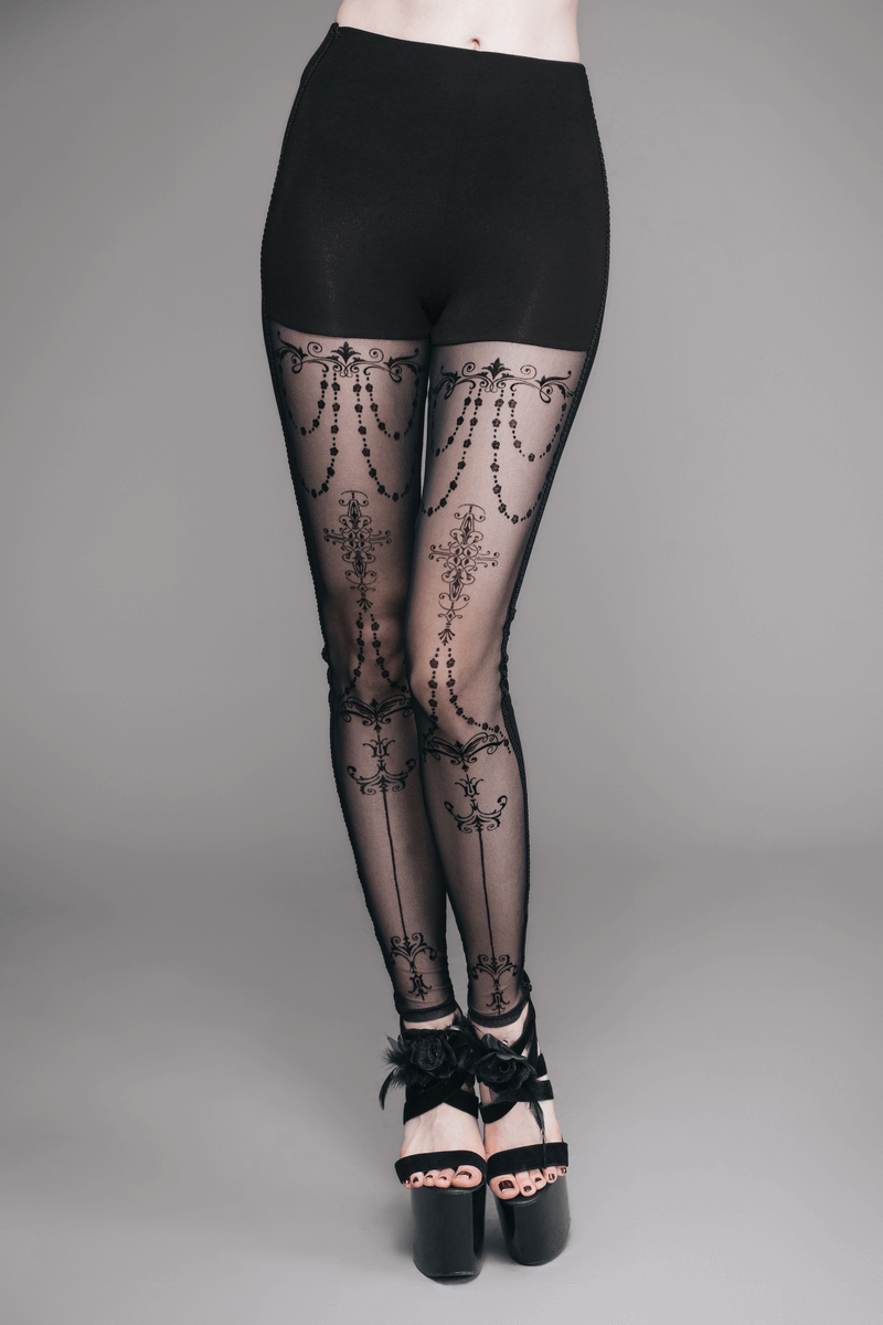 Elegant gothic leggings with baroque patterns and transparent inserts, perfect for showcasing your figure.