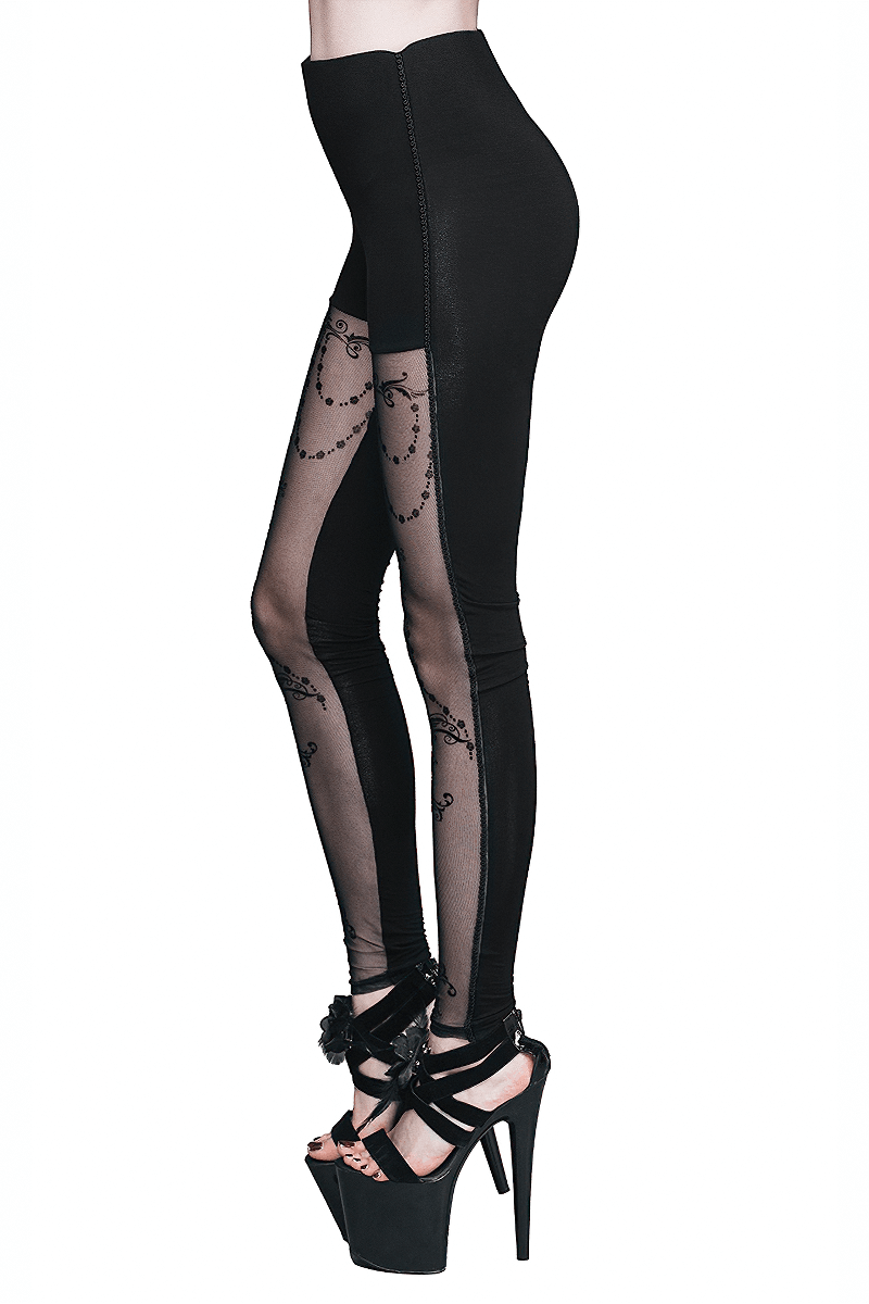 Elegant Gothic Leggings with Baroque Patterns / Sexy Women's Black Elastic Waist Pant - HARD'N'HEAVY