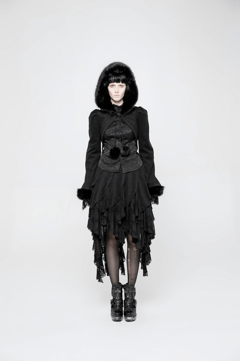 Eleganter Gothic-Lolita-Wollmantel mit Kunstfellbesatz