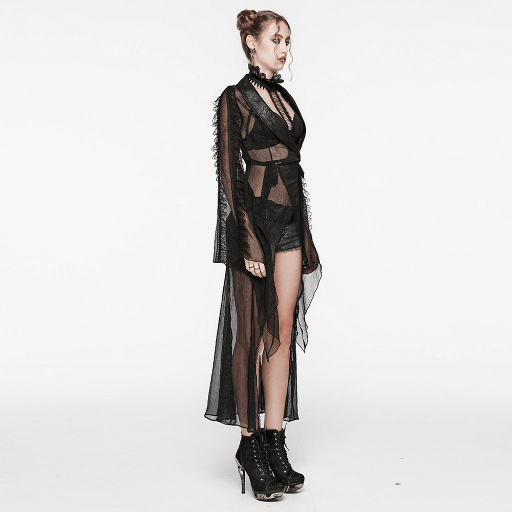 Elegant Gothic long chiffon cape featuring cracked PU leather, lace details, perfect for unleashing your inner darkness.