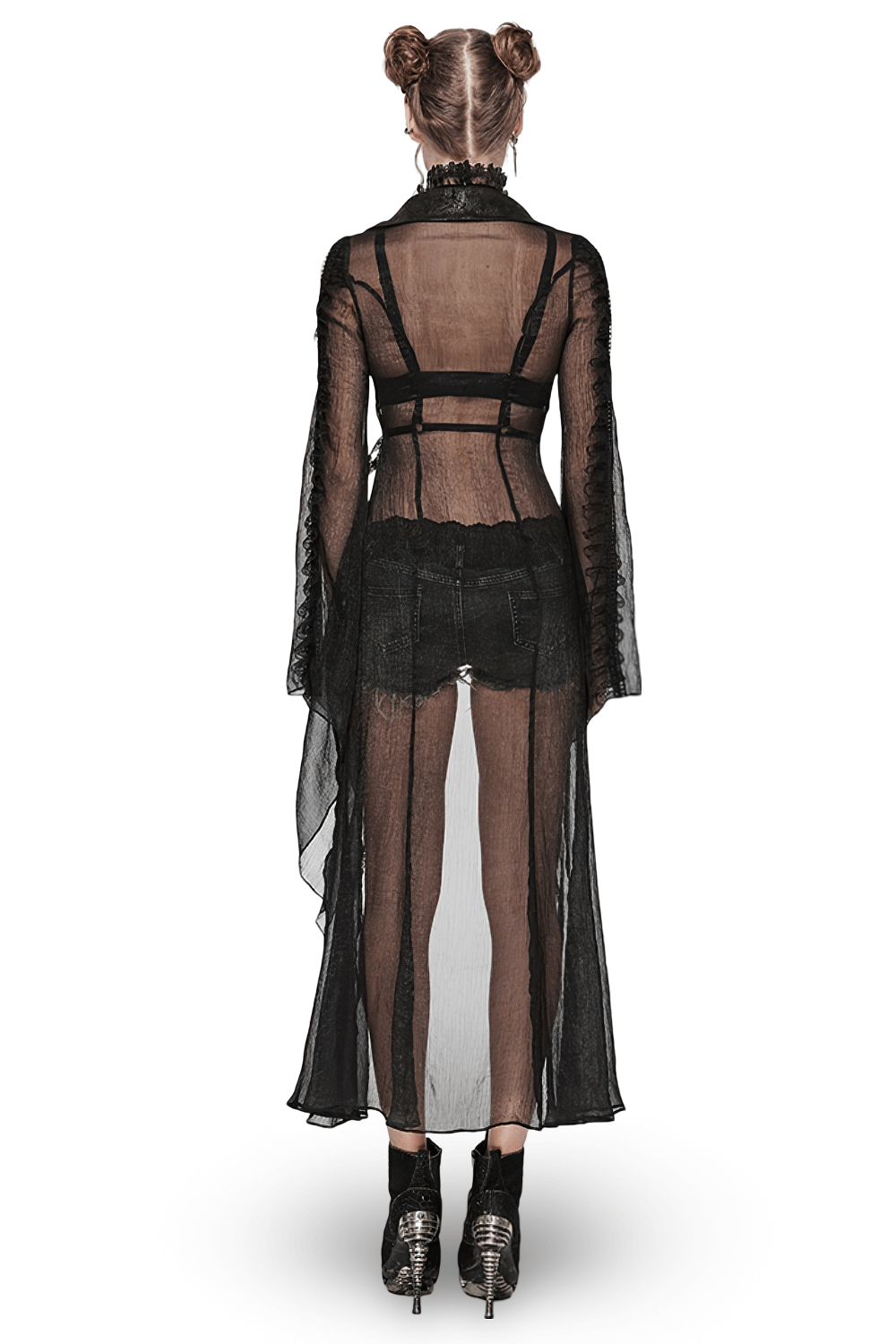 Back view of elegant Gothic long chiffon cape with cracked PU leather, featuring sheer details and lace accents.