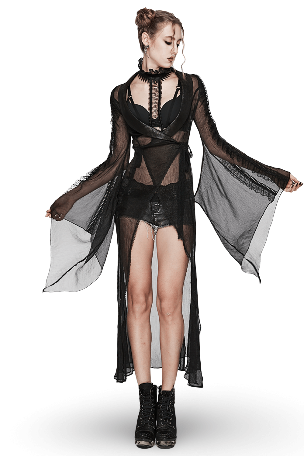 Elegant Gothic long chiffon cape with cracked PU leather, featuring delicate lace ties and wave lace detailing.