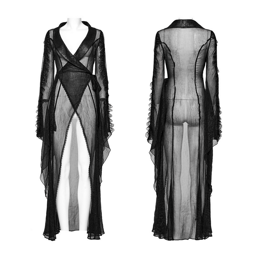 Elegant gothic long chiffon cape in black with cracked PU leather accents and lace detailing.