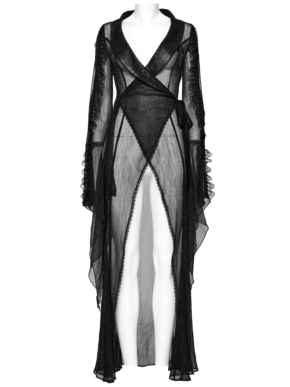 Elegant Gothic chiffon cape with cracked leather, featuring lace ties and flowing sleeves for dramatic flair.