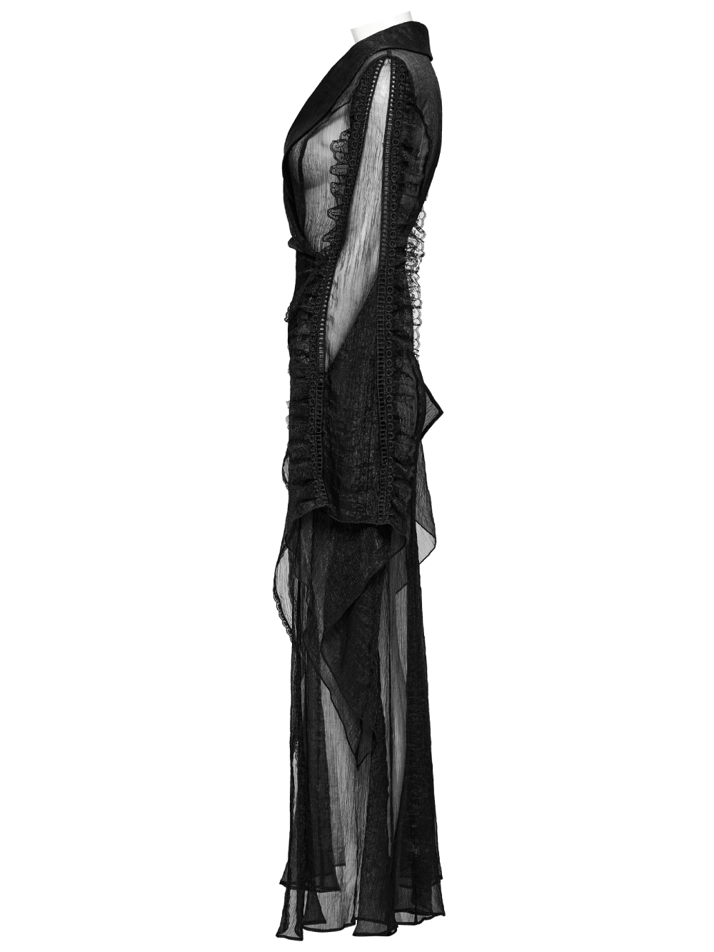 Elegant Gothic long chiffon cape in black with cracked PU leather and wave lace details, showcasing a dramatic side view.