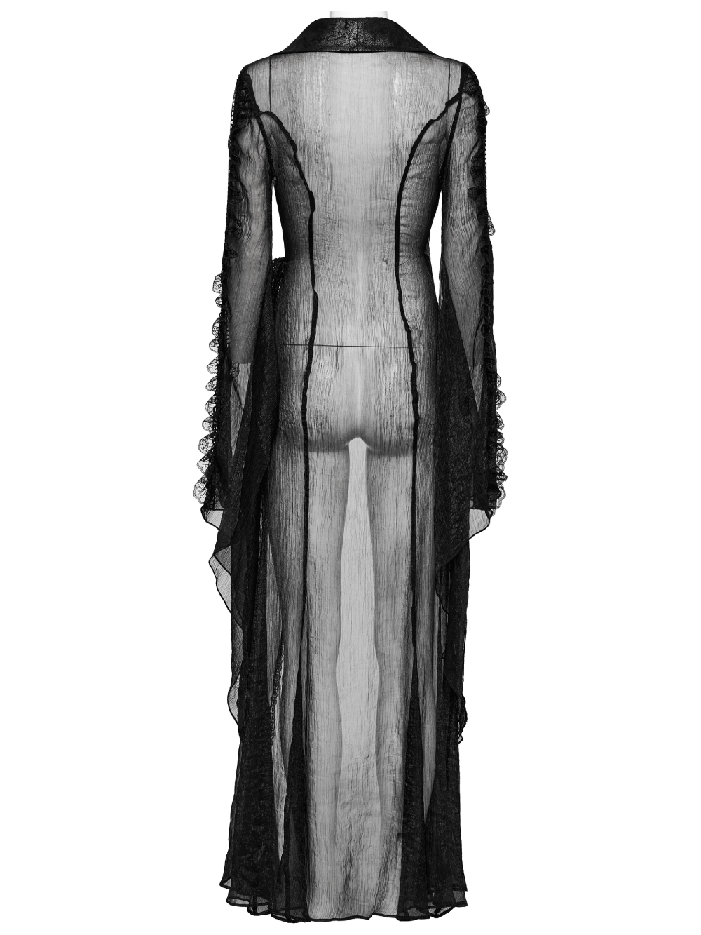 Elegant Gothic long chiffon cape in black with cracked PU leather detailing and wave lace sleeves from the back.