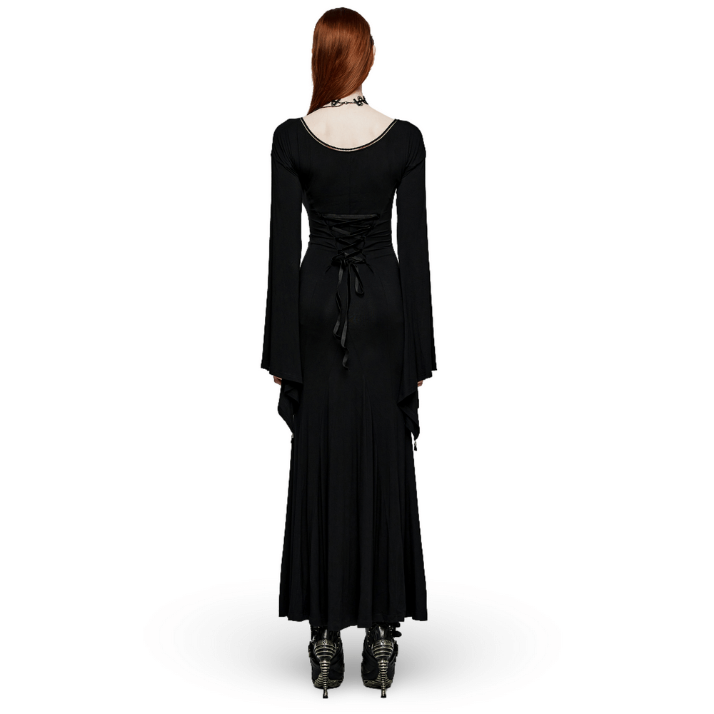 Back view of an elegant gothic long flared sleeve dress with lace detail and concealed zipper.