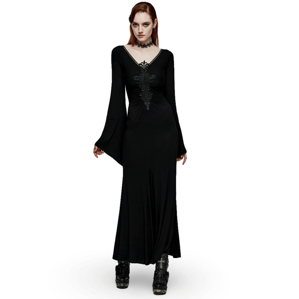 Elegant gothic long flared sleeve dress with lace detail, featuring a dramatic silhouette and concealed zipper.